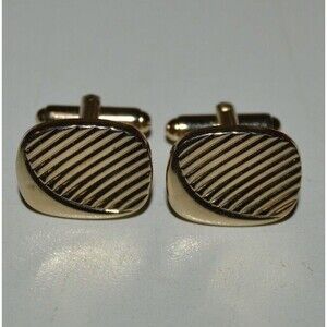 Vintage Mid Century Gold & Black Brass Tone Classic Textured Cuff Links Rare